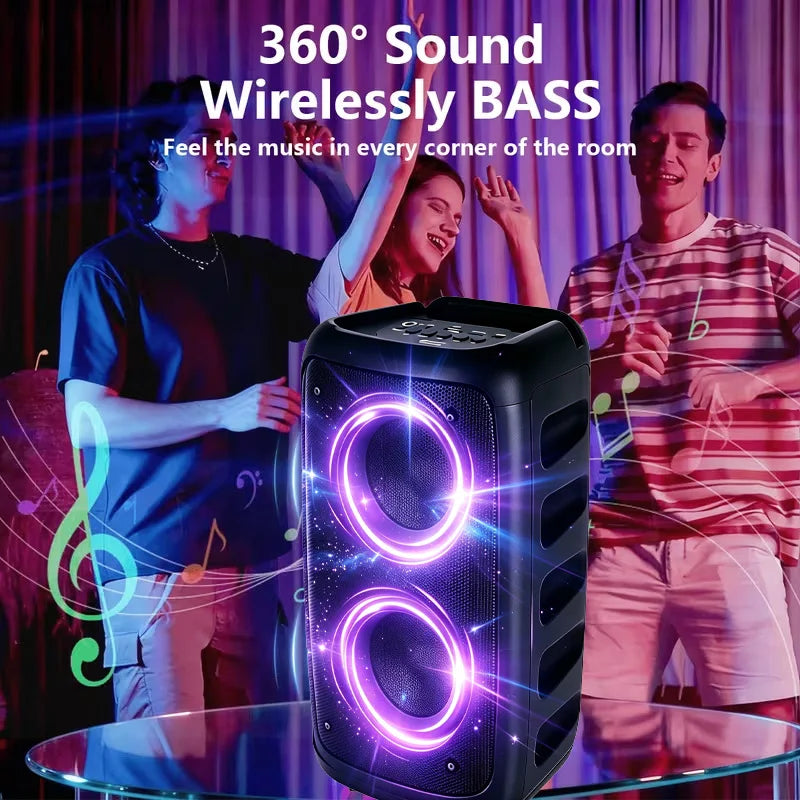 Portable Bluetooth Boombox Speaker – Dual Drivers, TWS Stereo, RGB Party Lights, USB TF Card & FM Radio