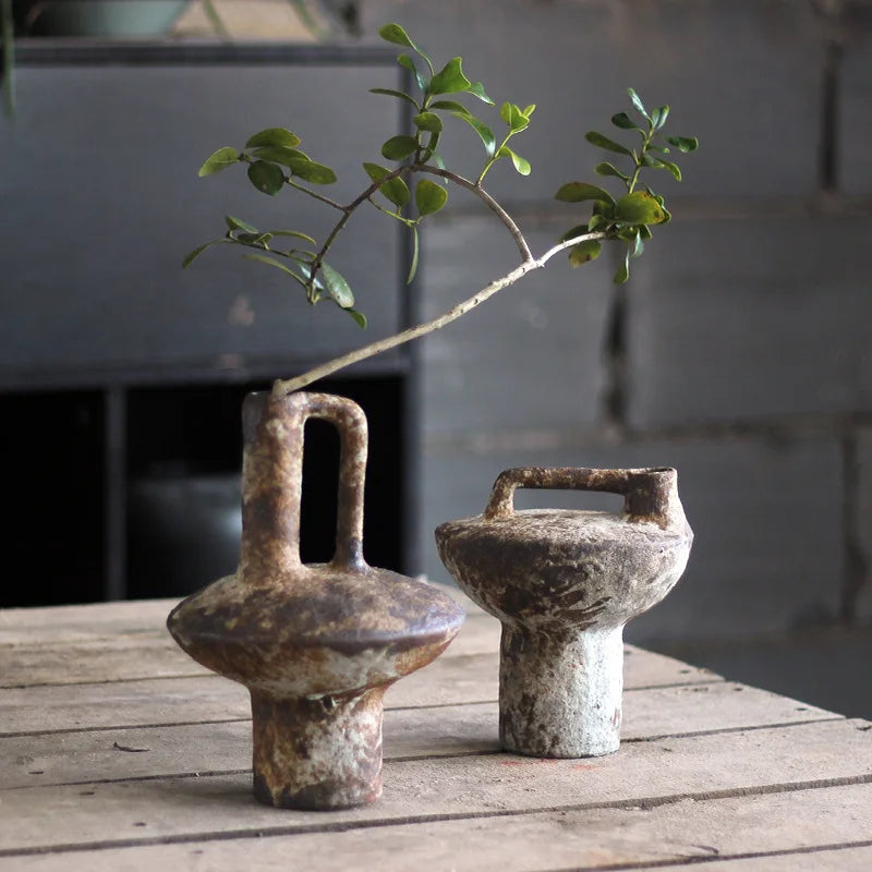 Handmade Ceramic Tabletop Vase - Rough Pottery Wabi-Sabi Vintage Farmhouse Vase for Dried Flowers & Flower Arrangements