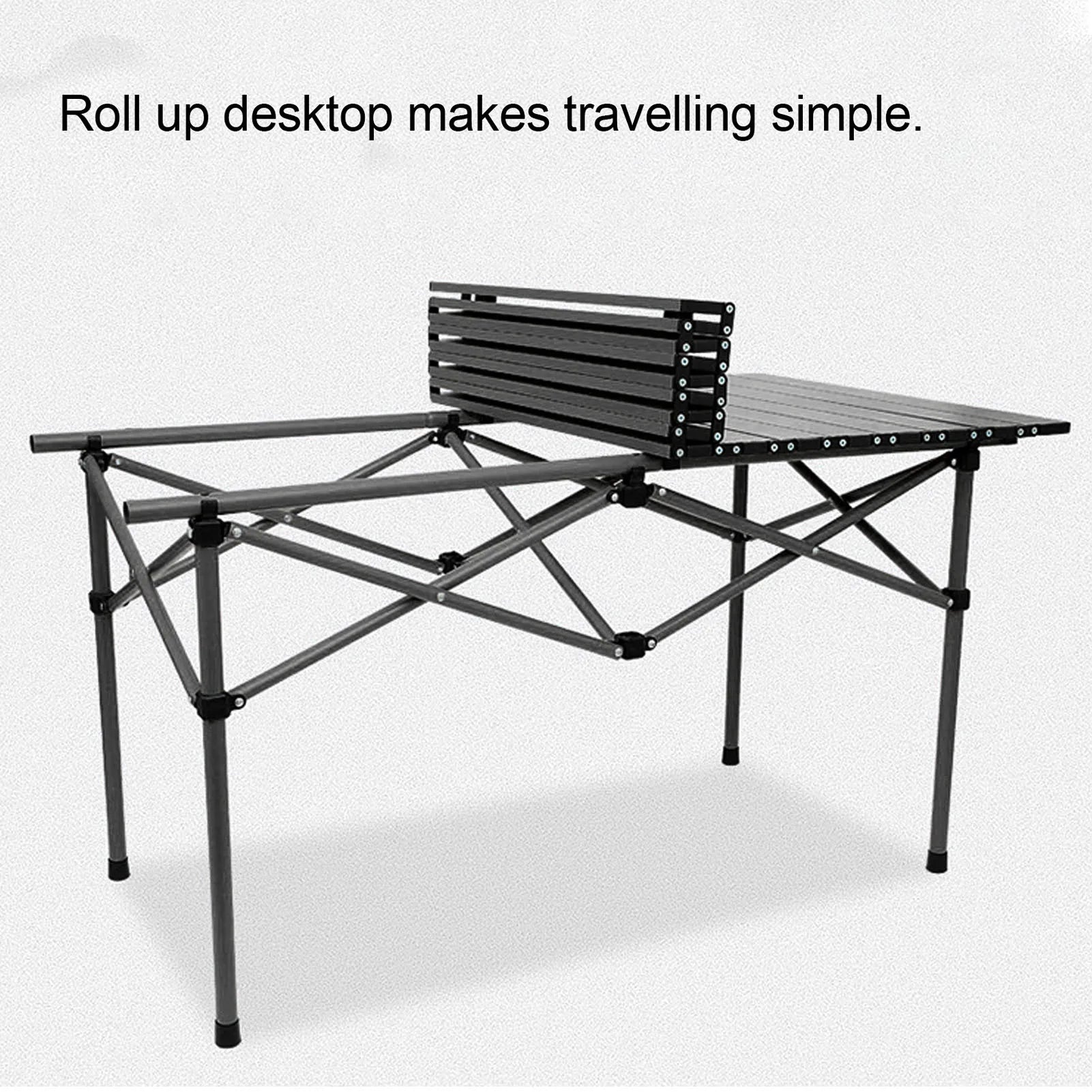47.2in (120cm) Portable Roll-Up Folding Camping Table - Carbon Steel Outdoor Picnic Table with Storage Basket & Carry Bag, Black