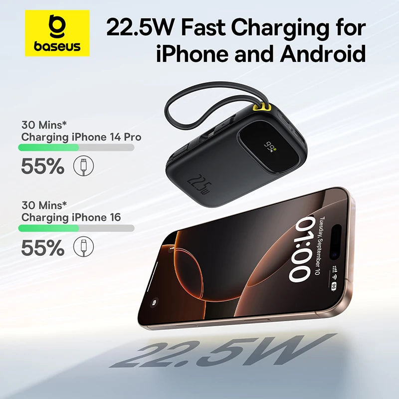 22.5W Fast Charging 10000mAh / 20000mAh Power Bank with Built-In Retractable USB-C & Lightning Cables – Portable Charger for iPhone, Samsung, Xiaomi