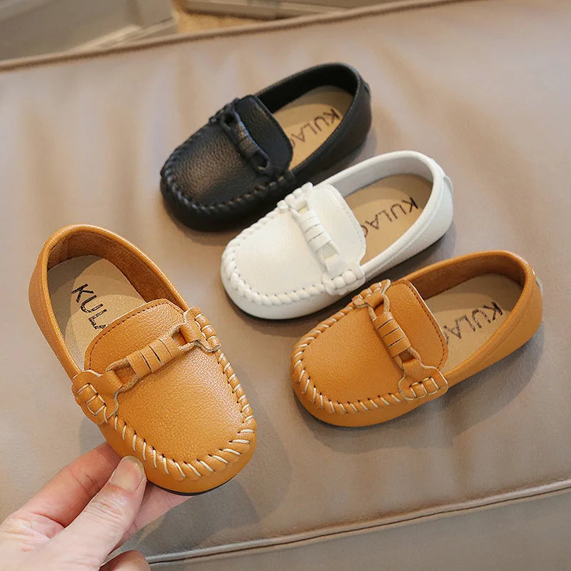 Kids Black & White PU Leather Slip-On Loafers — Formal School Party Moccasins (EU 21-30)