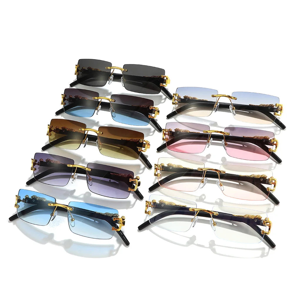 Rimless Rectangular Sunglasses with Cheetah Accent, UV400 Sun Protection, Unisex
