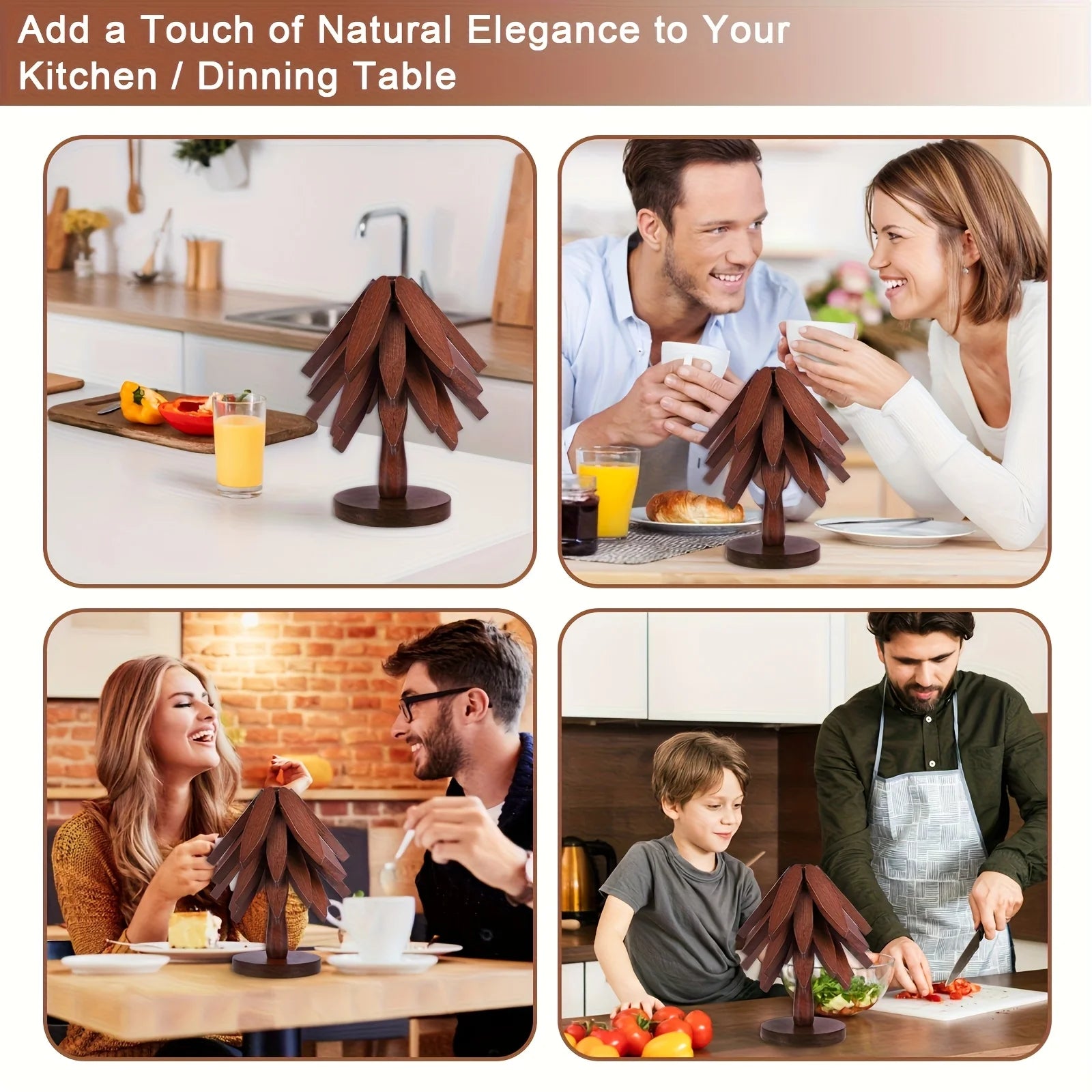 Tree-Shaped Wooden Trivet Set – 4 Foldable Trivets + Stand | Natural Wood Hot Pads for Pots, Teapots & Bowls