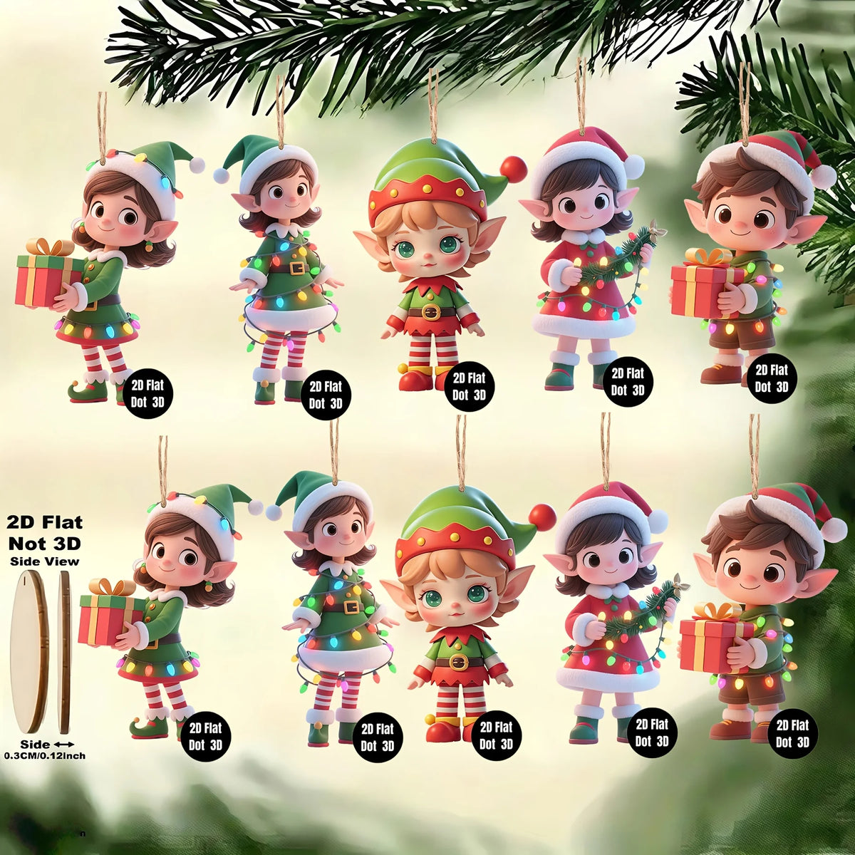 10-Pack Wooden Elf Ornaments - 2D Hanging Christmas Tree Decorations, Flat Elf Holding Gift Pendants for Holiday Party & Home Décor