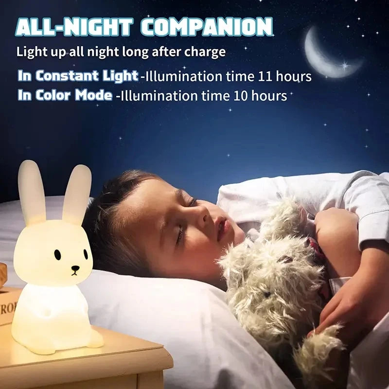 Silicone Rabbit Night Light - Touch Sensor LED, 7-Color USB Rechargeable Kids & Nursery Lamp