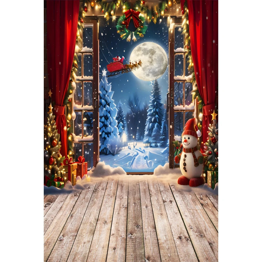 Christmas Photography Backdrop - Santa, Tree & Fireplace Winter Snow Wood Floor Portrait Background