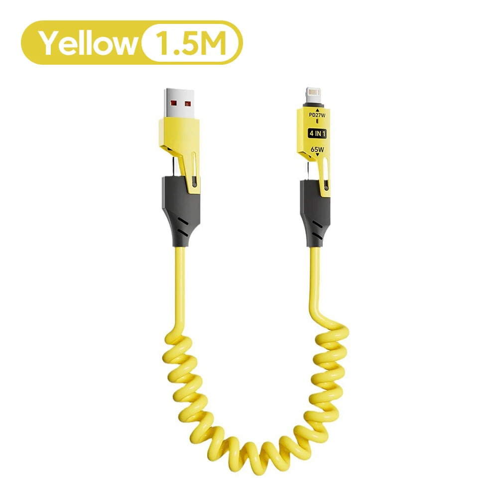 4-in-1 65W Telescopic Spring USB Cable – 6A Fast Charging & Data Sync (USB-C, Lightning, Micro USB)