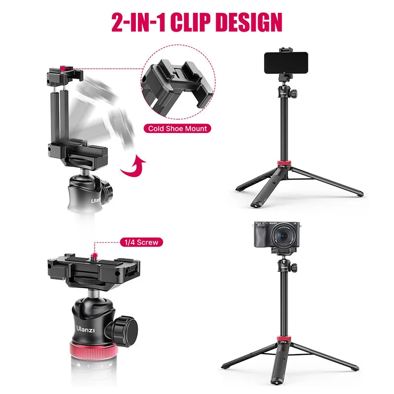Extendable Vlog Tripod with Cold Shoe Phone Mount — Portable Smartphone & DSLR Table Tripod