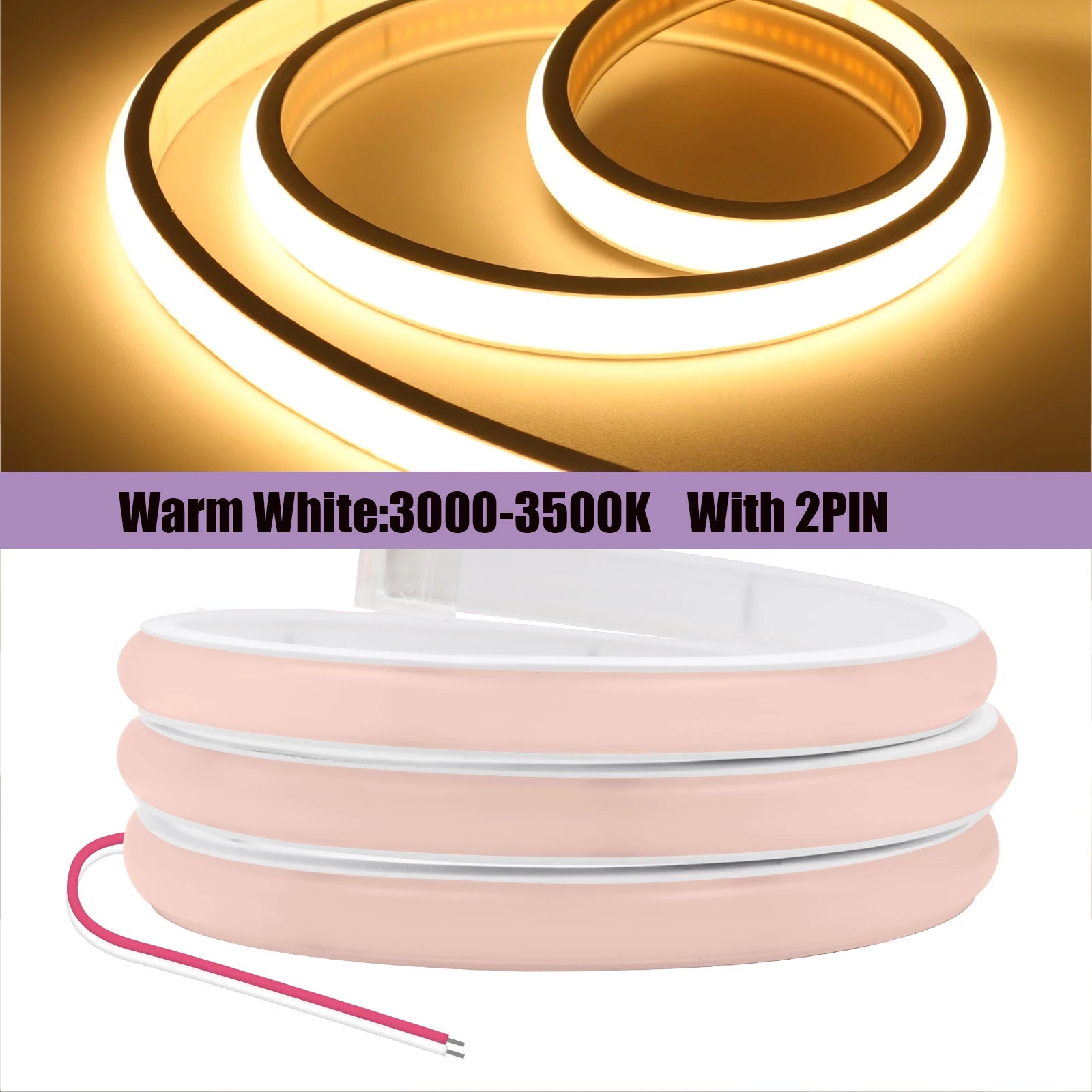 COB Neon LED Strip 12V/24V – 320 LEDs/m Waterproof Flexible Rope Light, 3000K/4000K/6000K, 0.5–20M (1.6–65.6 ft)