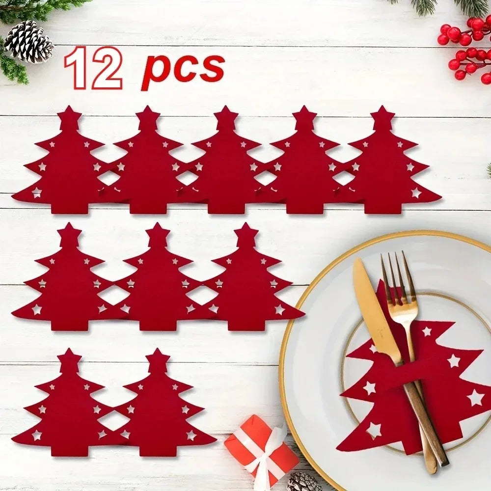 12-Pack Christmas Tree Felt Placemats with Fork and Spoon Pockets Holiday Table Decorations