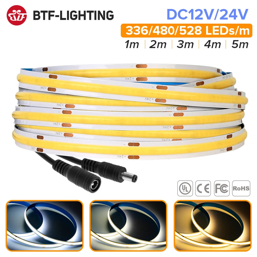 FCOB COB LED Strip Light 336/480/528 LEDs/m CRI90 Dimmable 12V/24V Warm/Natural/Cool White