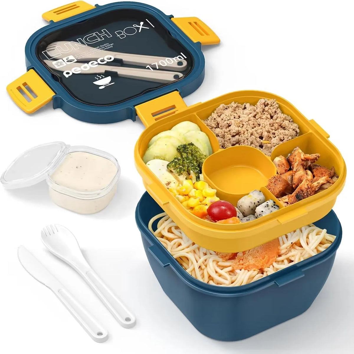 All-in-One Salad Lunch Container 50 fl oz (1.5 L) Stackable Bento Box – 3-Compartment Tray, Leak-Proof Dressing Cup & Reusable Utensils, Dishwasher & Microwave Safe