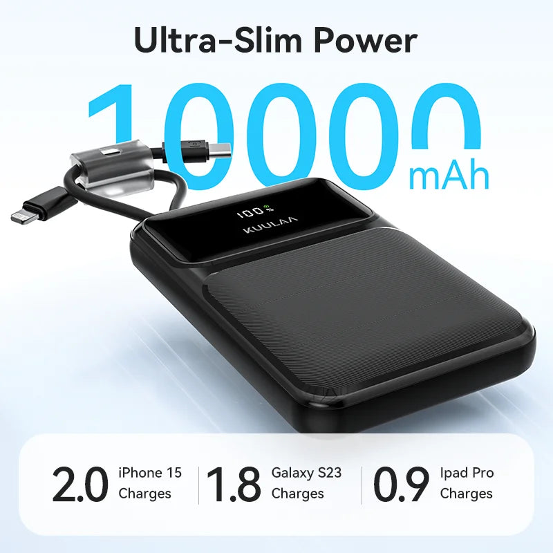 10000mAh 22.5W Fast Charging Portable Power Bank — Built-in USB-C & Lightning Cables, Digital Display, 4-Device Output