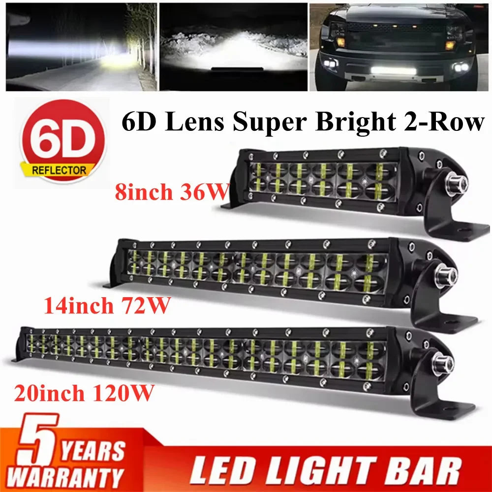 6D Lens Dual-Row LED Light Bar - Spot & Flood Combo, 8in (20cm) / 14in (36cm) / 20in (51cm), 36W/72W/120W, 12V-24V Off-Road Work Light for Truck ATV SUV