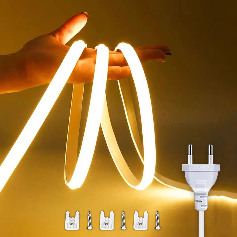 220V COB LED Strip Light with ON/OFF Switch IP65 Waterproof Flexible Ribbon Cuttable Every 50cm (3000K/6000K) for Bedroom Kitchen Garden