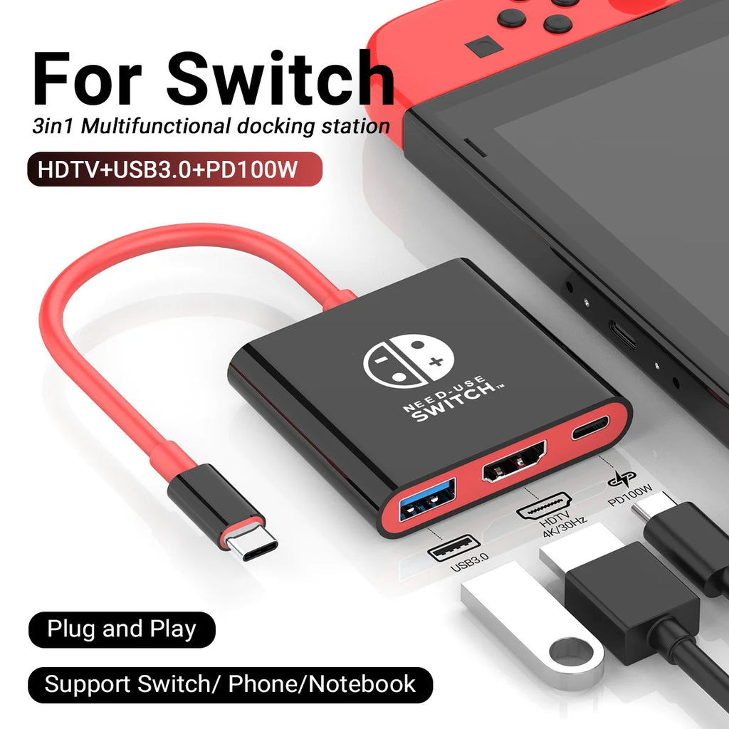 3-in-1 USB-C Hub — 4K HDMI, 100W PD Fast Charging & USB 3.0 Dock for Switch, MacBook, Laptop, Phone