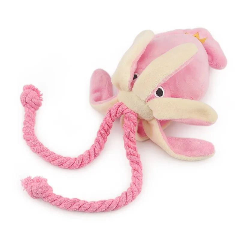 Octopus Plush Dog Chew Toy with Squeaker & Rope — Small Pink 13.4 x 3.5 in (34 x 9 cm) — Dental Cleaning Toy for Dogs & Cats