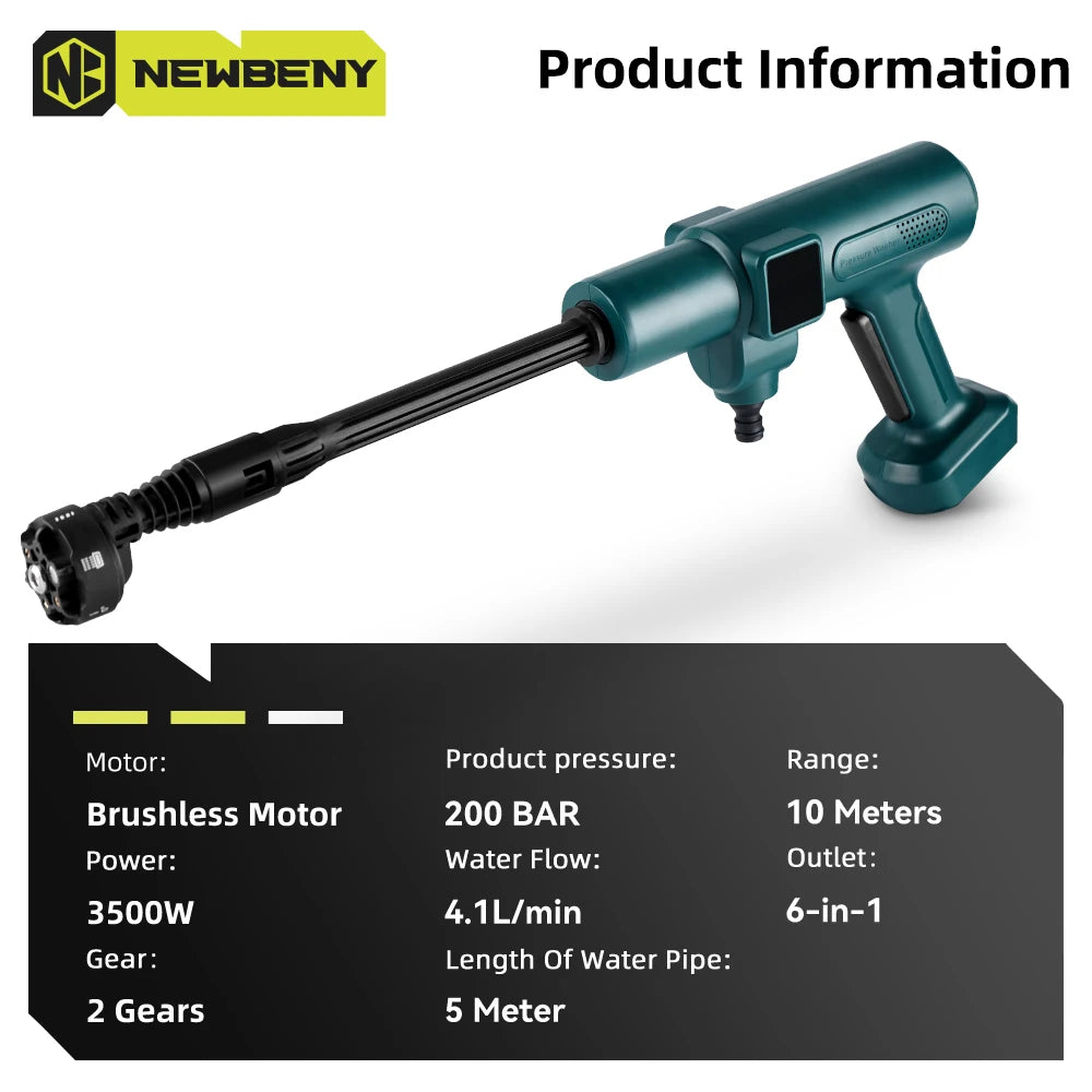 200 Bar (≈2900 PSI) Brushless Cordless High-Pressure Car Washer Gun - 6-in-1 Nozzle, 18V Battery Compatible, 5 m (16.4 ft) Hose