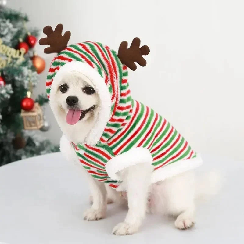 Christmas Dog Hoodie Reindeer & Santa Fleece Coat Winter Warm Pet Jacket for Small to Medium Dogs XS-2XL
