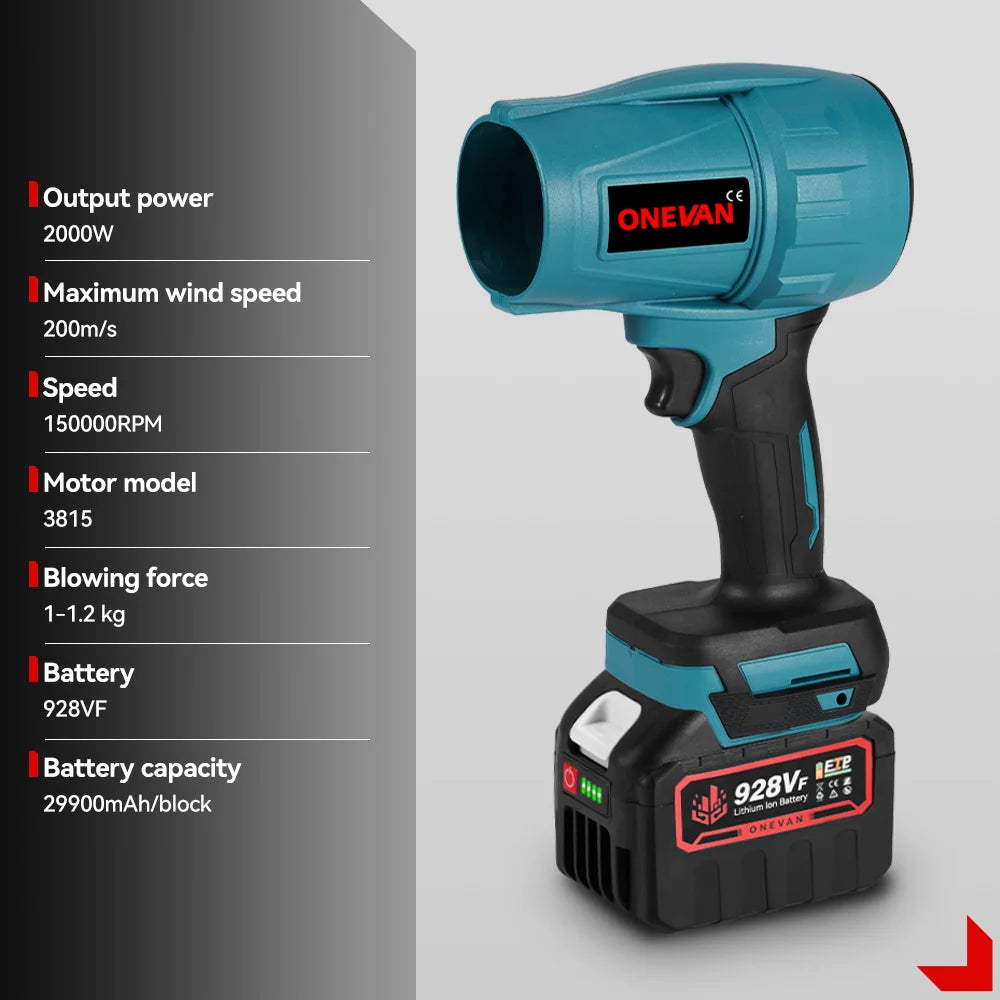 2000W Brushless Cordless Turbo Air Blower - 200 m/s High-Power Jet Fan for Leaves, Snow & Dust, Fits 18V Batteries