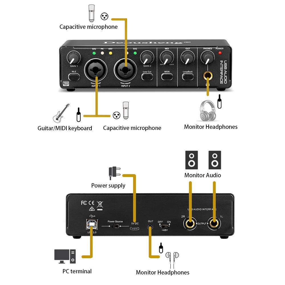 USB Audio Interface 2-In/2-Out with 48V Phantom Power — Low-Latency Recording & Live Monitoring for Guitar, Vocals, Podcasting