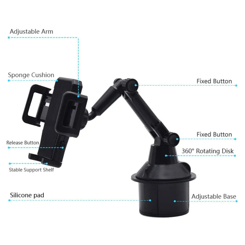 Universal Adjustable Car Cup Holder Phone Mount – Anti-Slip Long-Arm Cell Phone Holder for Navigation