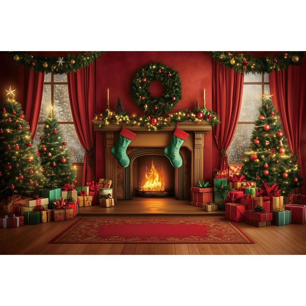 Christmas Photography Backdrop - Red Curtain & Window Scene with Snowy Bear and Gifts for Kids & Family Portraits