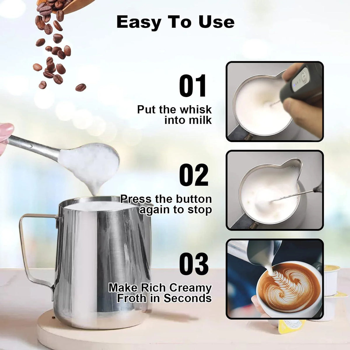 Mini USB Rechargeable Milk Frother – 3-Speed Handheld Coffee Foam Maker & Electric Whisk Mixer
