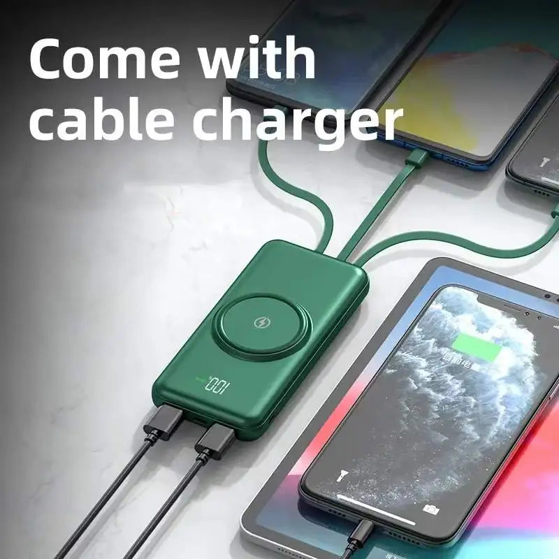 200000mAh Portable Power Bank Wireless Charger — 4 Built-In Cables, LED Digital Display, PD 20W & 120W Fast Charge