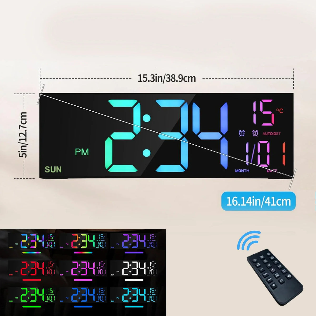 16.2 in (41 cm) Large LED Digital Wall Clock with Remote, Dual Alarm, RGB Night Light, Jumbo 4.5 in Digits
