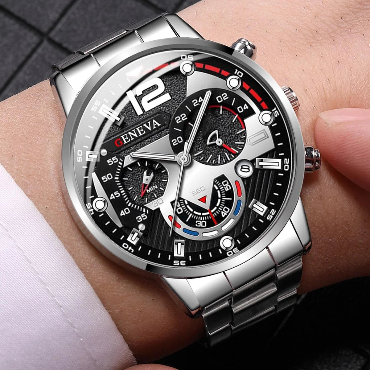 Men's Stainless Steel Analog Quartz Watch with Calendar - 42mm Case, Folding Clasp
