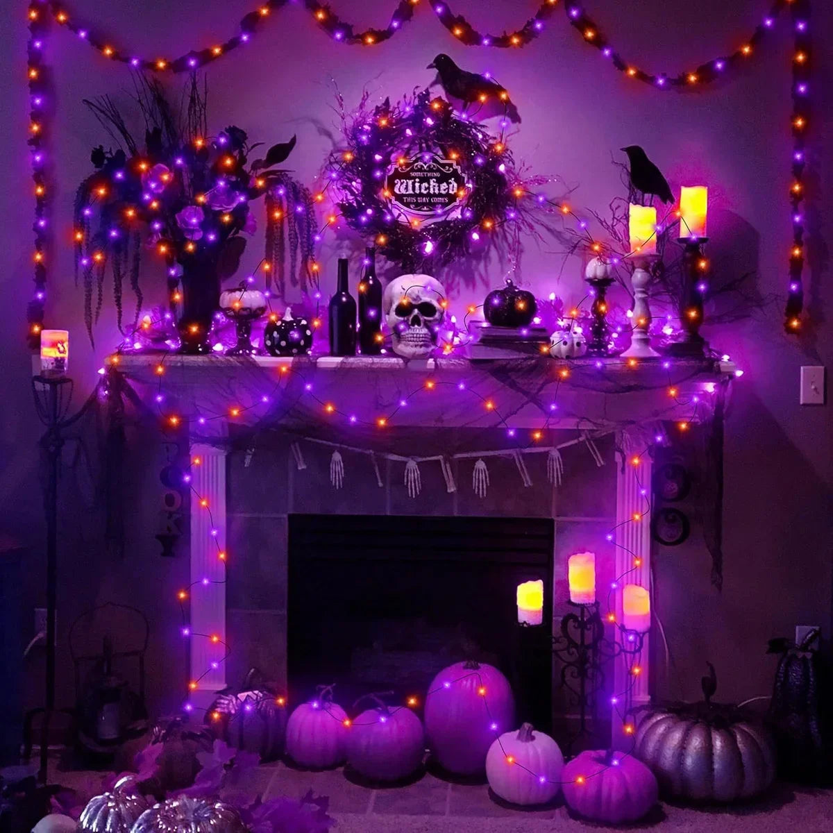 20 m (65.6 ft) Purple & Orange LED String Lights – Battery-Powered Outdoor Fairy Lights for Halloween & Christmas Party Decor
