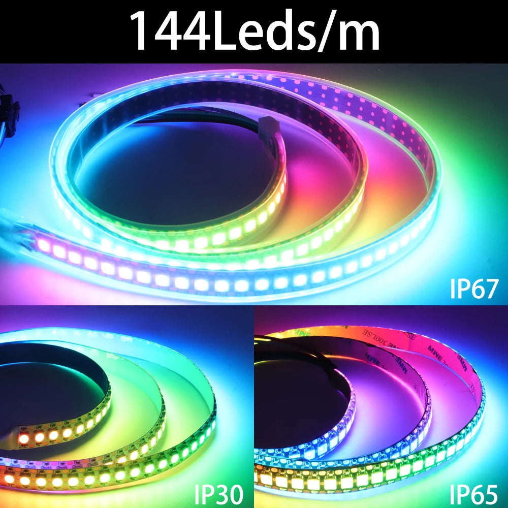 5050 RGB Addressable LED Strip Lights – Individually Addressable 30/60/144 LEDs per Meter, Smart RGB Tape, 5V/12V DC, IP30/IP65/IP67