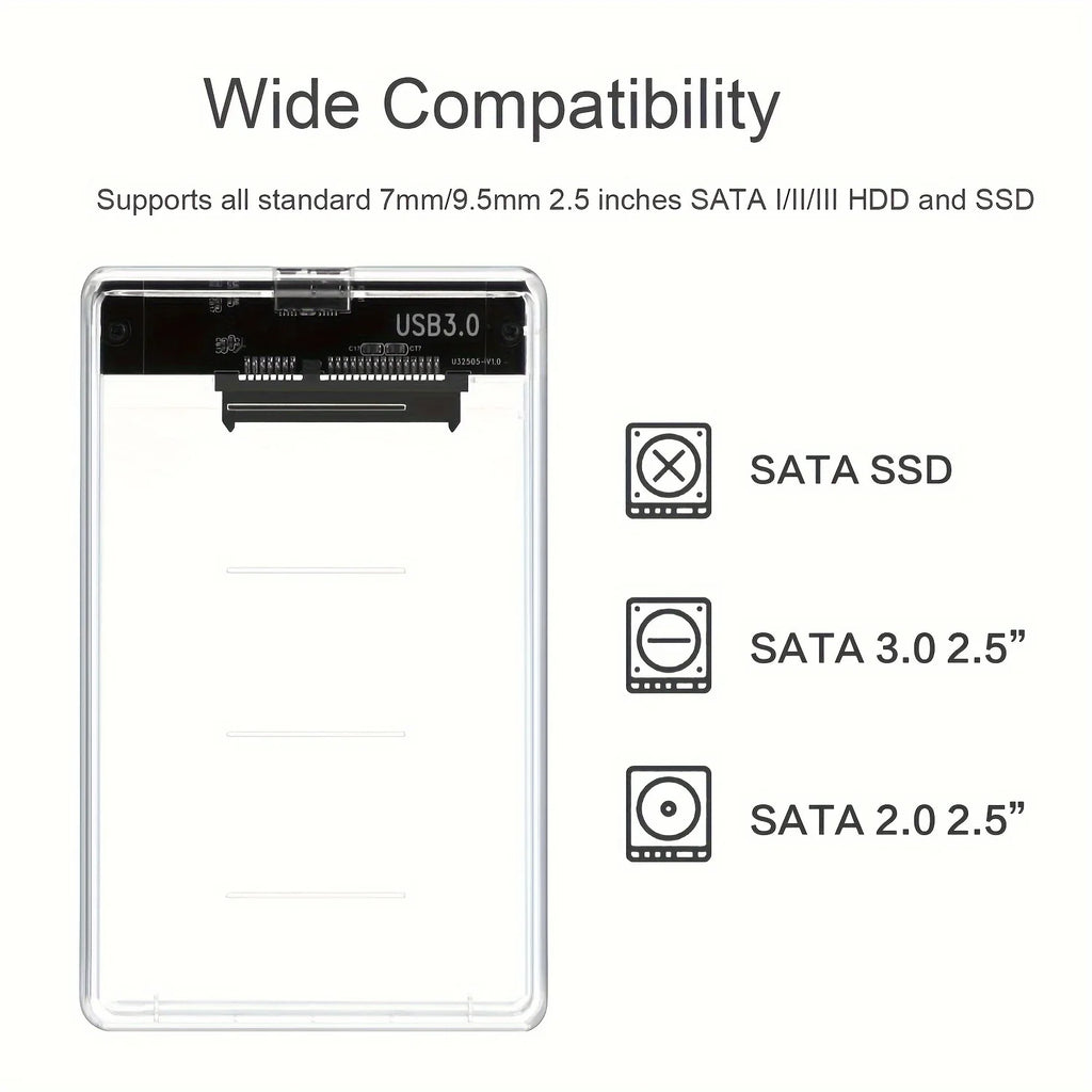 Transparent 2.5-Inch HDD/SSD Enclosure – SATA III to USB 3.0 Type-C, Tool-Free Portable External Drive Case (7mm/9.5mm, up to 2TB)