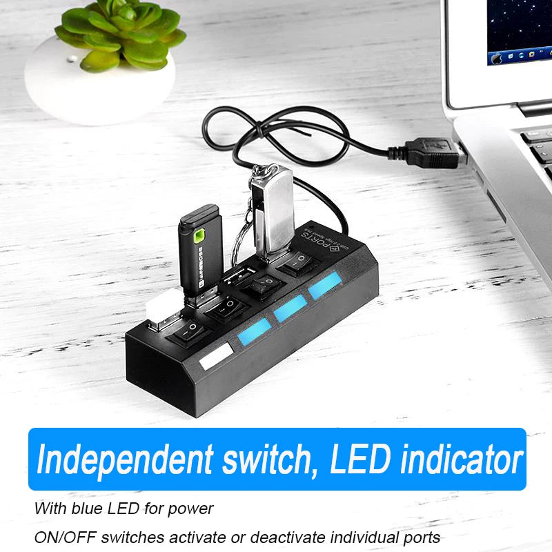 High-Speed USB 2.0 Hub — 4 or 7-Port USB Splitter with Individual On/Off Switches & LED Indicator for PC Laptop