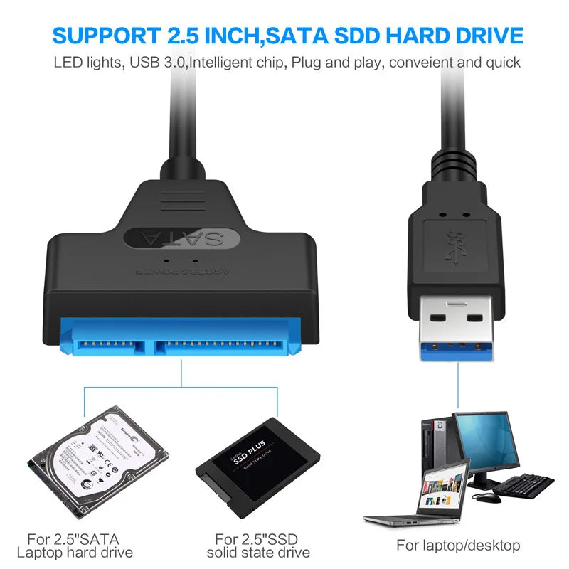 USB 3.0 to SATA III 22-Pin Adapter Cable for 2.5-Inch (63.5 mm) HDD/SSD — Up to 6 Gbps, USB 3.0/2.0 Compatible