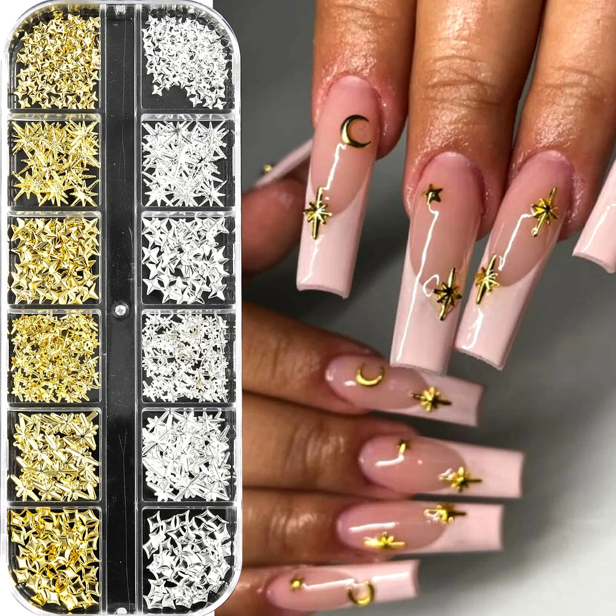 3D Gold Star & Moon Nail Charms for Nail Art view 2