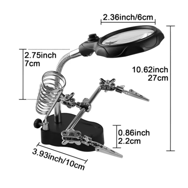 LED Clip Magnifier Helping Hand for Soldering and Circuit Board Repair 3.5x 12x Stand Holder