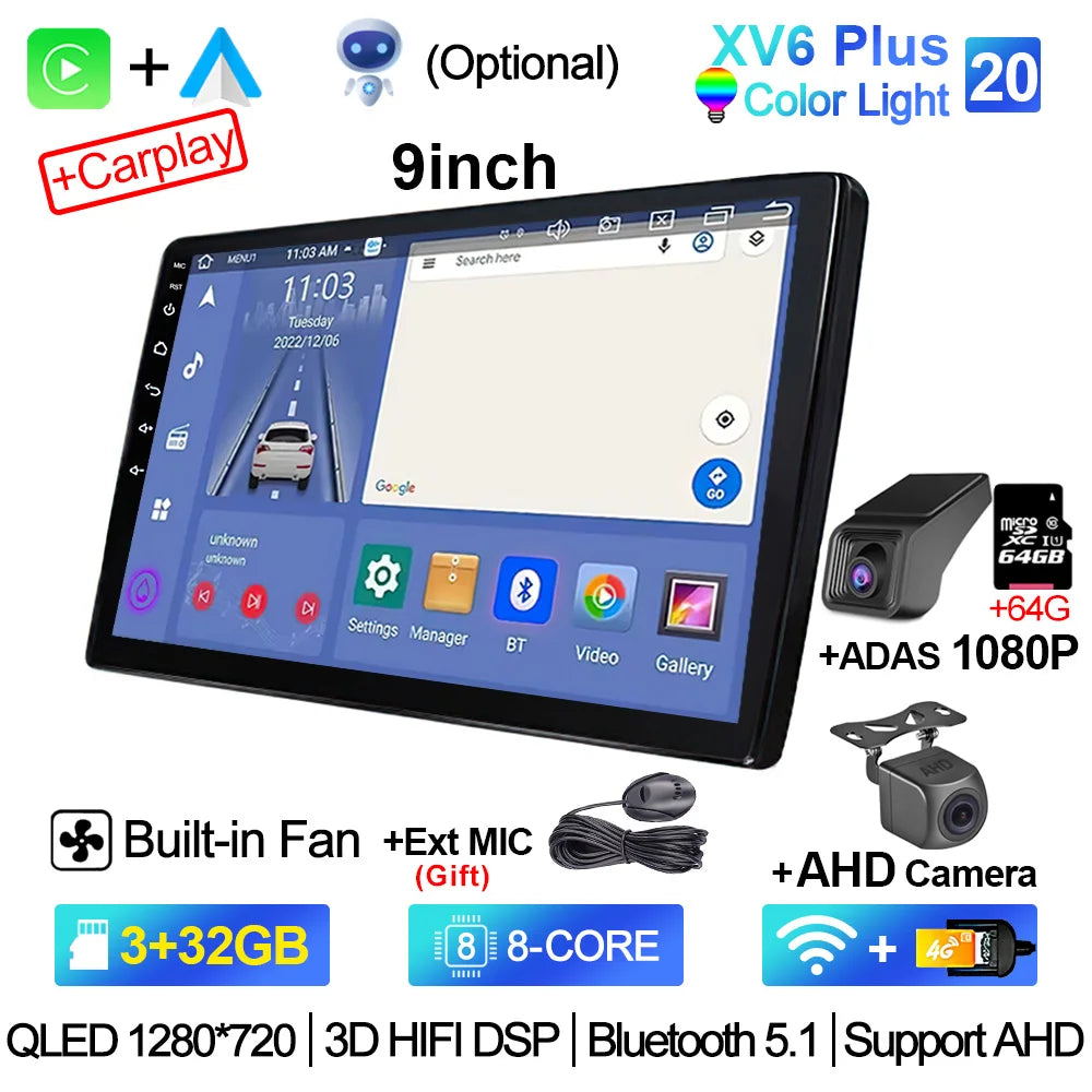 2-DIN Android Car Stereo - CarPlay & Android Auto, 7/9/10.1 inch (17.8/22.9/25.6 cm) QLED GPS, 8-Core CPU, DSP, WiFi & 4G, 6GB/128GB