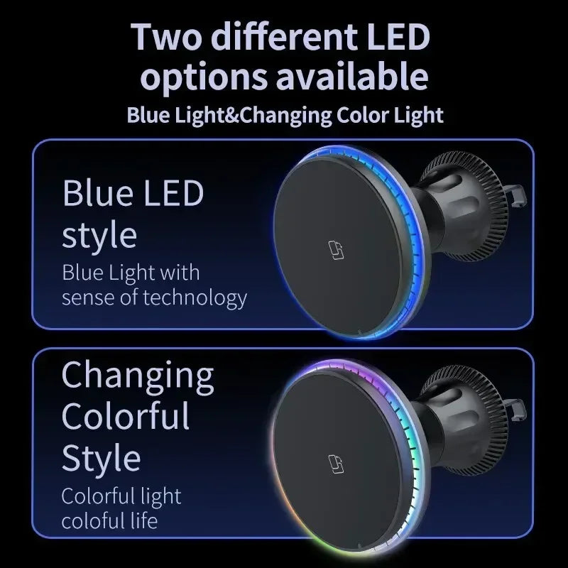 30W Magnetic Car Wireless Charger Vent Mount with RGB LED Light Fast MagSafe-Compatible Phone Holder