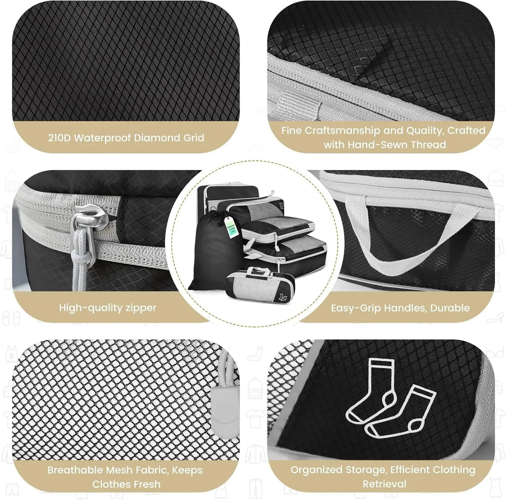 6-Piece Travel Compression Packing Cubes Set with Shoe Bag - Mesh Lightweight Luggage Organizers