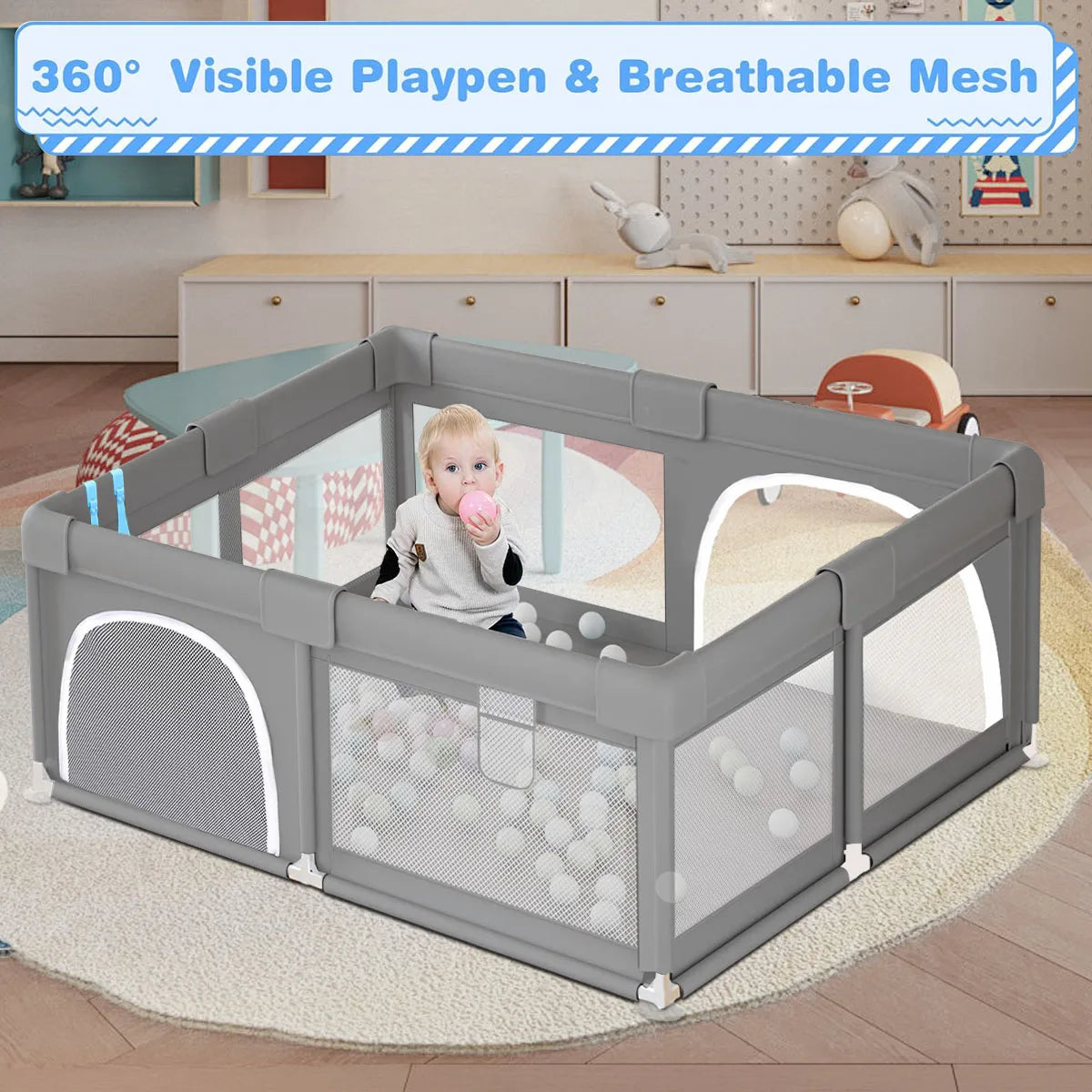 Foldable Baby Playpen & Ball Pit Indoor Play Yard – Safe Play Fence for 6 Months–6 Years, 120 x 120 x 68 cm (47.2 x 47.2 x 26.8 in) or 150 x 150 x 68 cm (59.1 x 59.1 x 26.8 in)