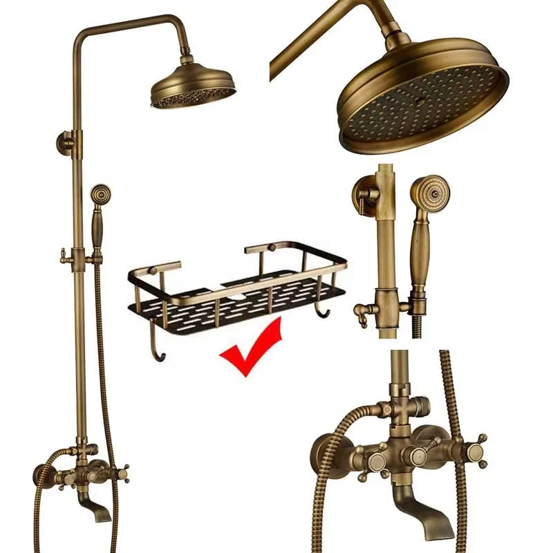 Antique Brass Wall-Mount Shower System with 8-inch (20 cm) Rainfall Head & Hand Shower, Adjustable 27.5–47.2 in (70–120 cm)