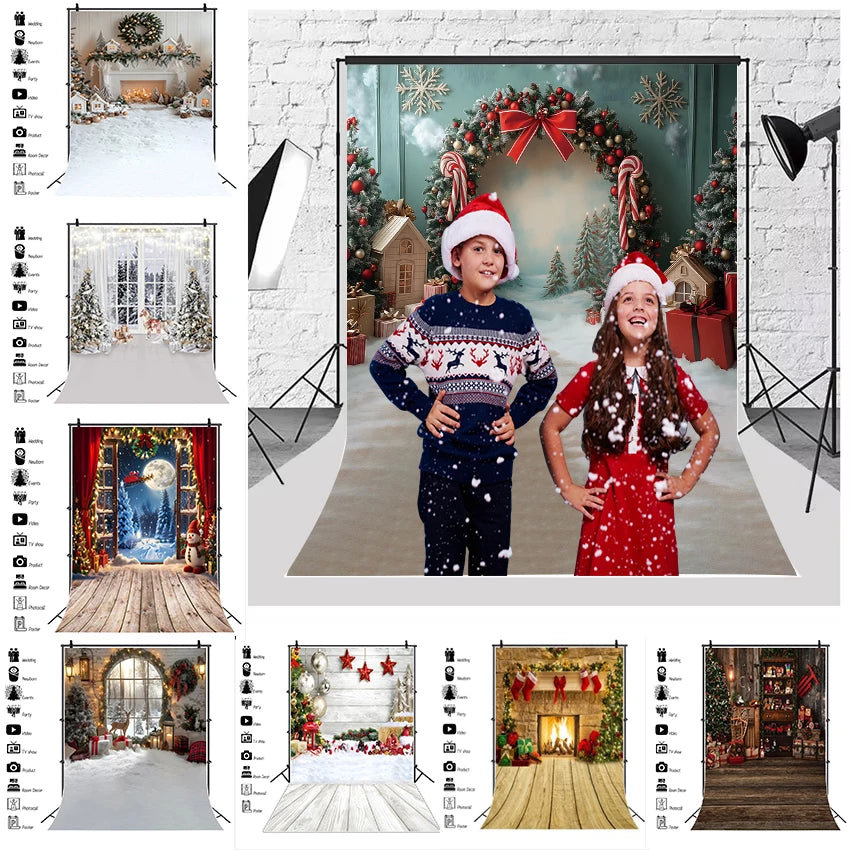 Christmas Photography Backdrop - Santa, Tree & Fireplace Winter Snow Wood Floor Portrait Background