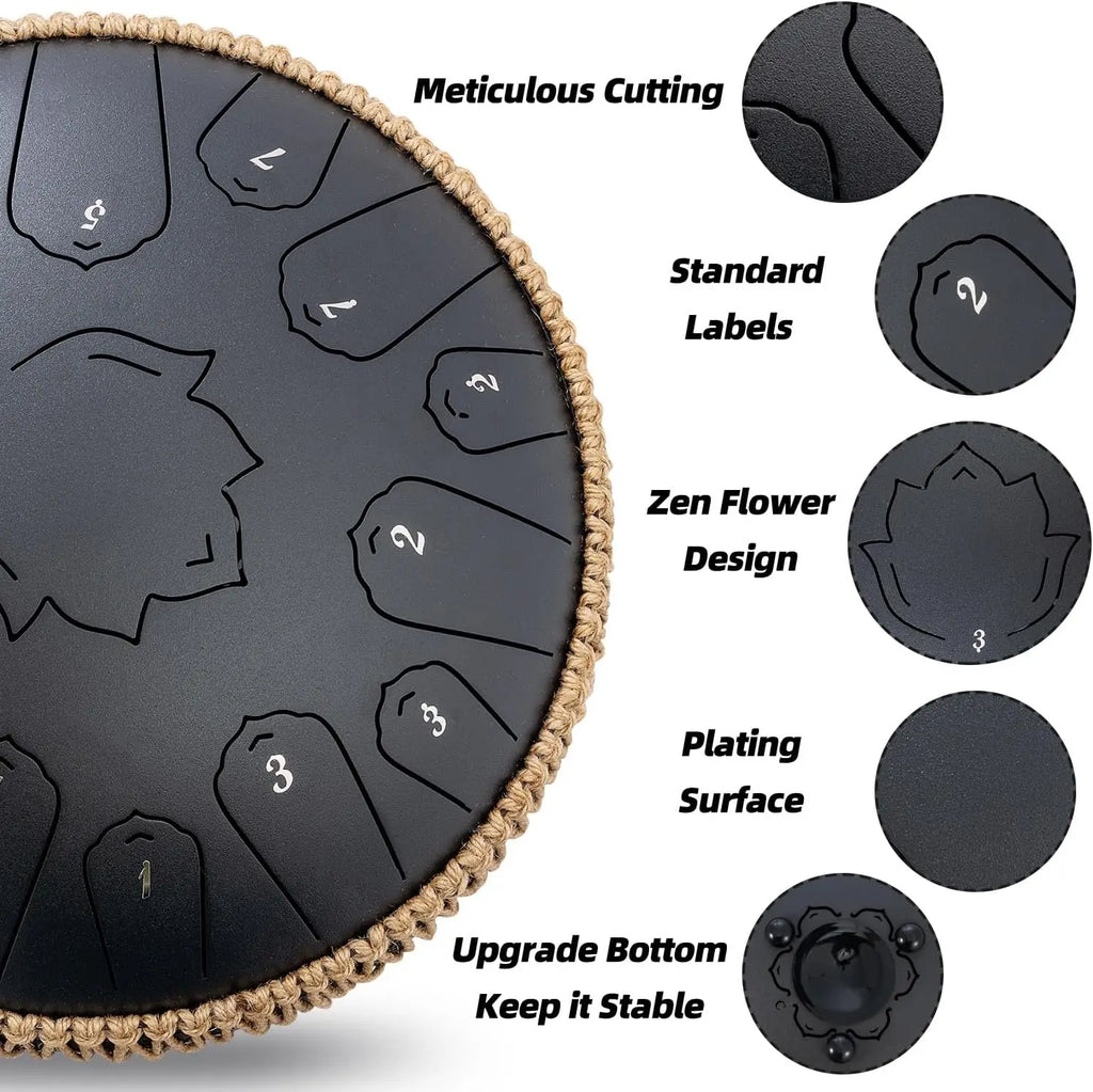 Steel Tongue Drum 13-Inch (32 cm) 15-Note C Scale Handpan-Style Percussion with Mallets & Carry Bag