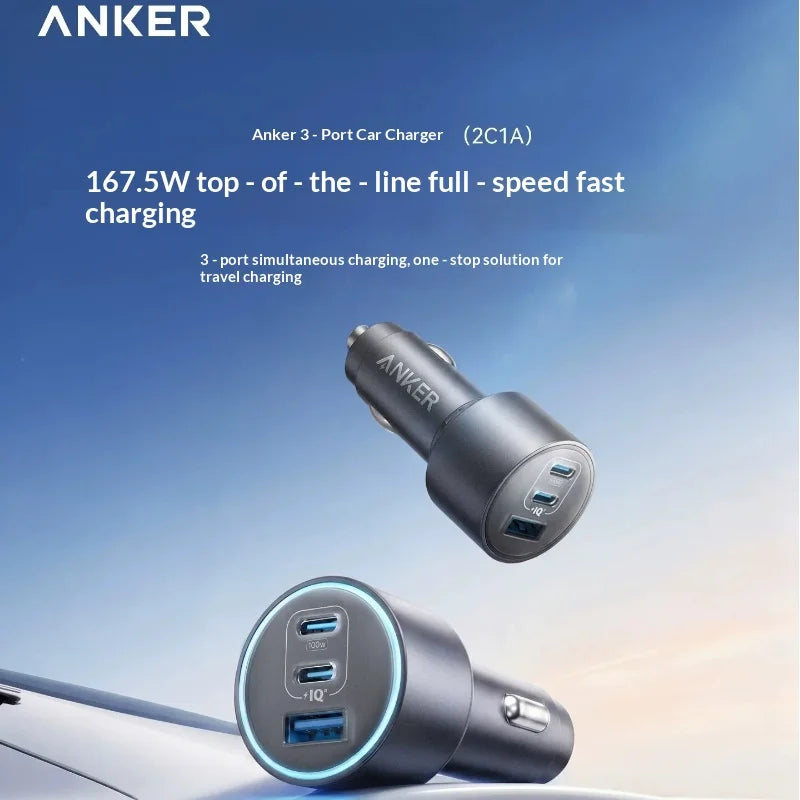 167.5W 3-Port Fast Car Charger — 2 USB-C PD + 1 USB-A QC3.0 High-Speed Car Adapter for Travel