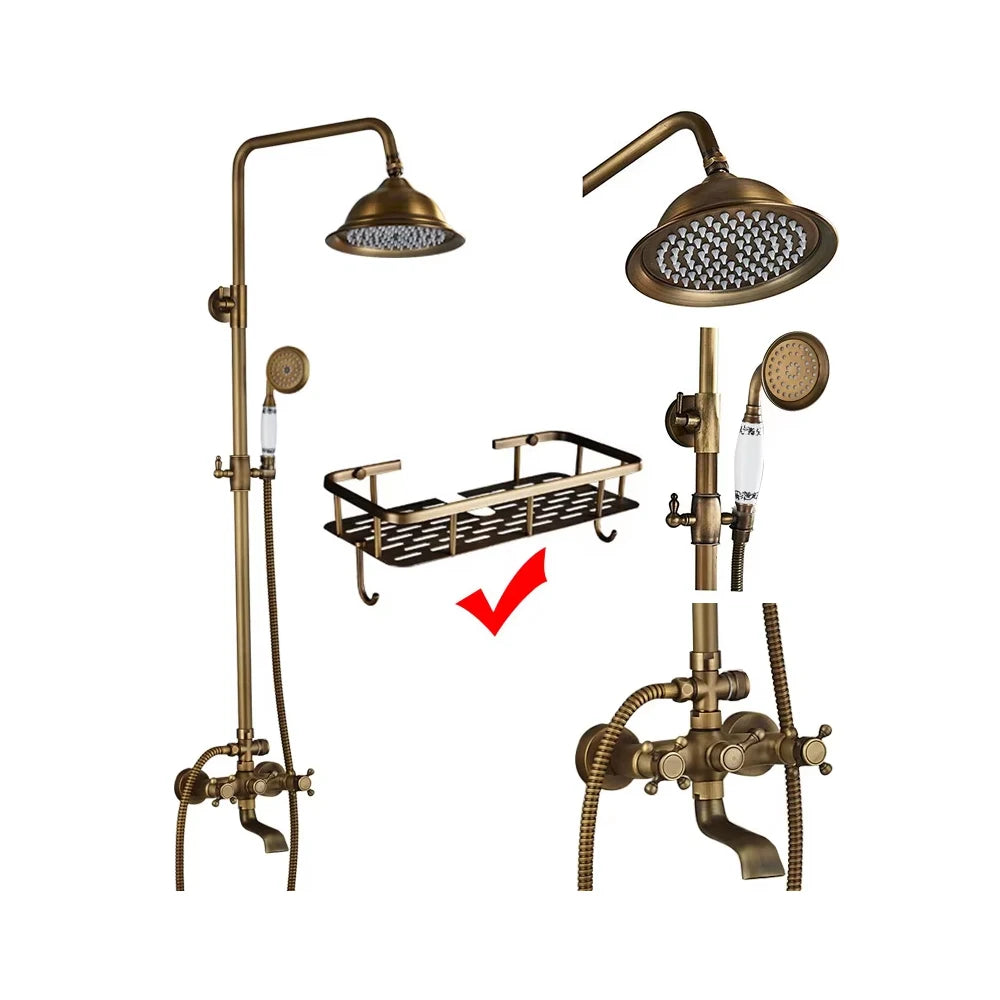 Antique Brass Wall-Mounted Rainfall Shower Set with 8-Inch Shower Head, Handheld & Shelf - Dual Handle Mixer Tap