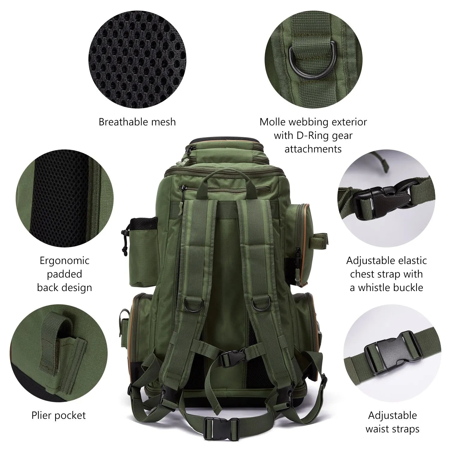 Lightweight Tactical Fishing Tackle Backpack with Soft Tackle Box and Rain Cover
