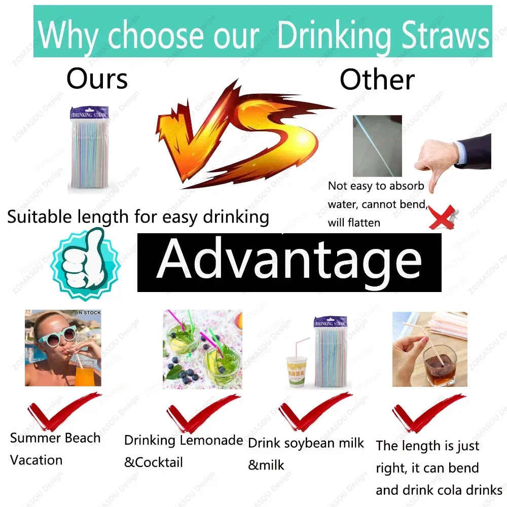 Multicolor Flexible Plastic Drinking Straws — Reusable Cocktail & Boba Straws 8.3 in (21 cm) x 0.2 in (5 mm) — Packs 50–6000 for Parties & Weddings