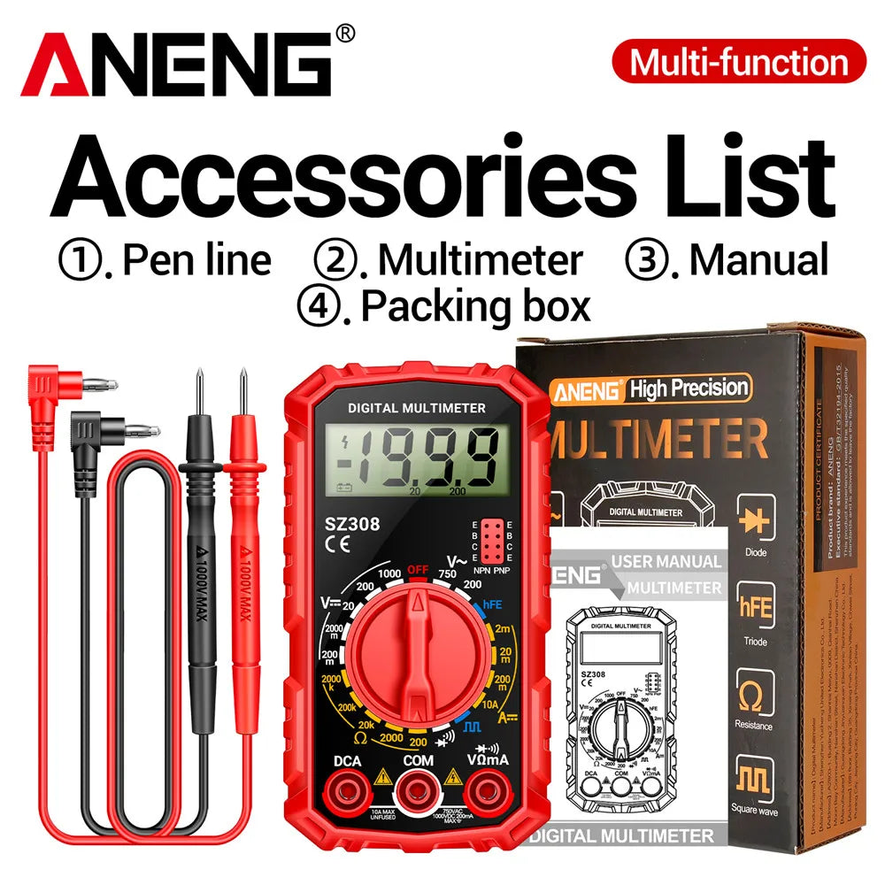 Digital Multimeter with Square Wave Generator - AC/DC Voltage & Current, Resistance, Diode, LCD Backlight